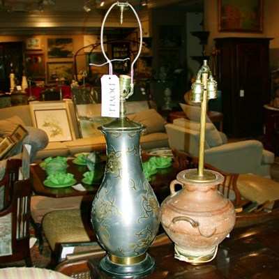 Lot 592 - Mixed Metal Lamp Together with a Pottery Lamp