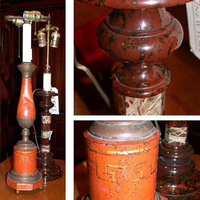 Lot 483 - Tole Painted Lamp Together with a Marble Lamp