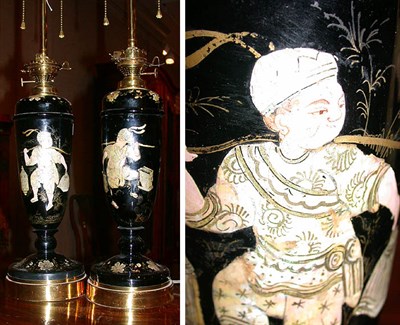 Lot 457 - Pair of Continental Enamel Decorated Oil Lamps...