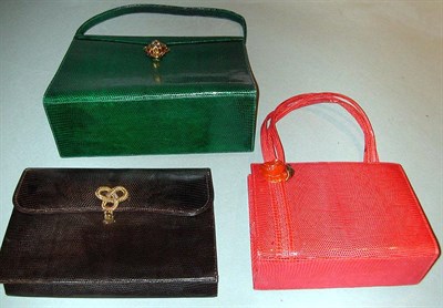 Lot 299 - Three Lizard Bags The first green, trapezoidal,...