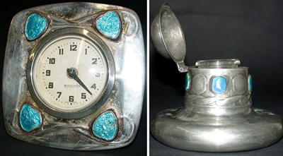 Lot 212 - Liberty & Co. Pewter and Enamel Clock Of...