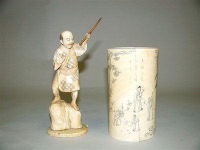 Lot 447 - Japanese Carved Ivory Brush Pot Decorated with...