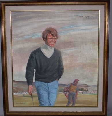 Lot 395 - GEORGE HOUGHTON: Tom Watson at Muirfield, oil...