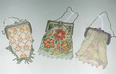 Lot 326 - Three Whiting and Davis Painted Mesh Bags...