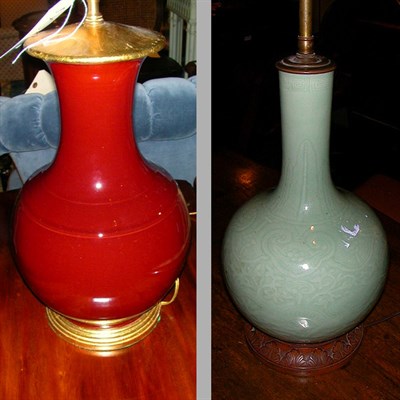 Lot 170 - Sang du Boeuf Lamp Together with a Celadon...