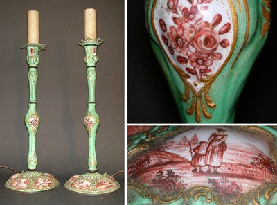 Lot 325 - Pair of Staffordshire Enamel Candlesticks 18th...
