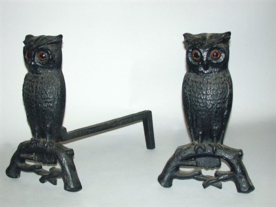 Lot 532 - Pair of Cast Iron Owl Andirons With glass eyes.