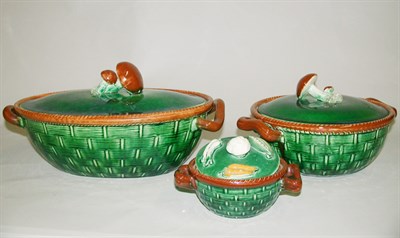 Lot 467 - Three Majolica Covered Bowls Each with basket...
