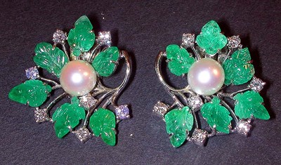 Lot 291 - Pair of Diamond and Carved Emerald Earrings 14...