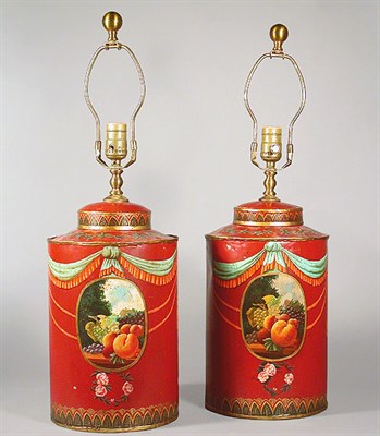 Lot 117 - Pair of Tole Painted Canister Lamps