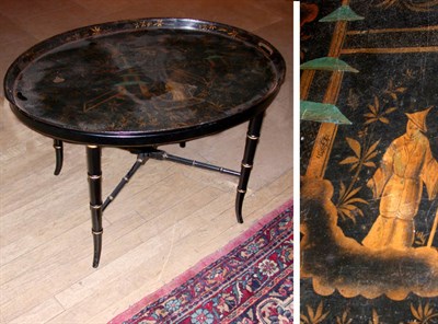 Lot 612 - French Gilt Decorated Black Painted Tray on...