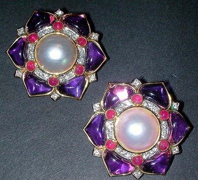 Lot 457 - Pair of Cultured Pearl and Amethyst Earclips...