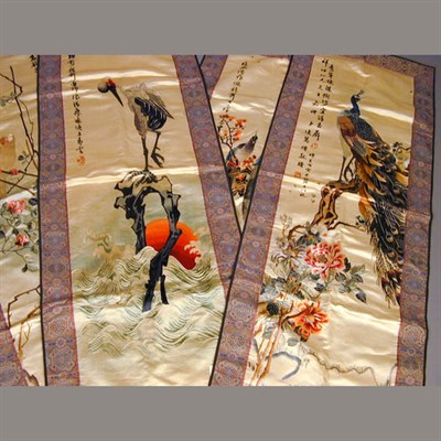 Lot 496 - Four Embroiderd Silk Panels Japanese, early...