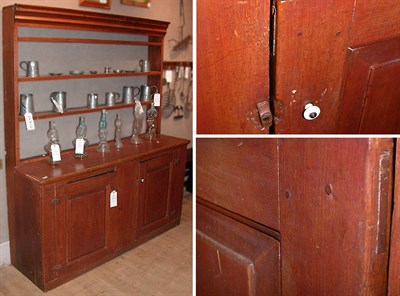 Lot 202 - Red Painted Pine Hutch The molded cornice...