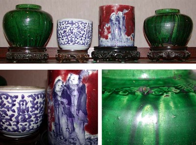 Lot 127 - Two Chinese Green Glazed Pottery Jars, Blue...
