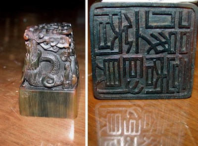Lot 378 - Chinese Rhinocerous Horn Seal Carved with four...