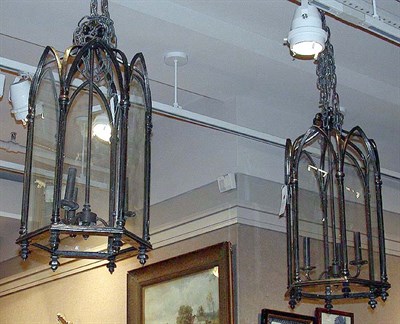 Lot 523 - Pair of Patinated-Metal and Glass Three-Light...
