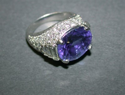 Lot 440 - Sapphire and Diamond Ring Platinum, of domed...