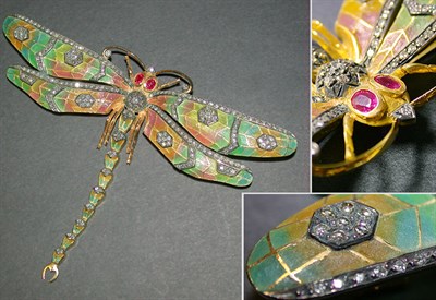 Lot 426 - Antique Style Diamond and Enamel Dragonfly Pin...