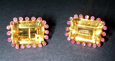 Lot 99 - Pair of Gold and Citrine Earclips Each 14 kt....