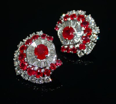 Lot 407 - Pair of Ruby and Diamond Earclips Each 18 kt....