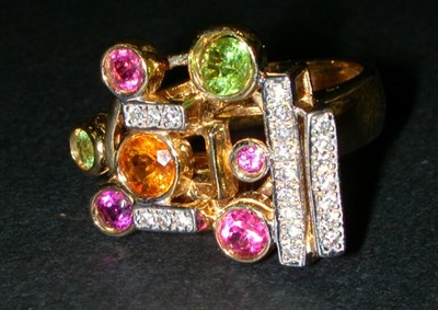 Lot 175 - Multicolored Stone Ring 14 kt. yellow gold,...