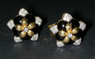 Lot 190 - Pair of Diamond and Black Onyx Earclips Each...