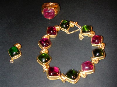 Lot 278 - Tourmaline Bracelet and Ring 14 kt. yellow...