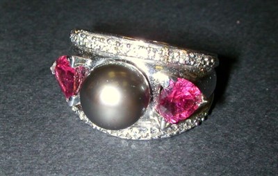 Lot 184 - Black Cultured Pearl, Diamond and Pink...
