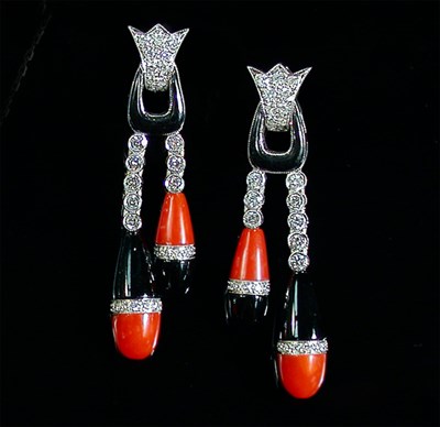 Lot 205 - Pair of Art Deco Style Black Onyx and Coral...