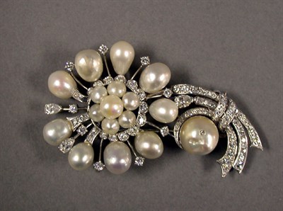 Lot 325 - Diamond and Natural* Pearl Flower Brooch...