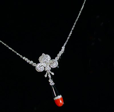 Lot 204 - Coral, Black Onyx and Diamond Pendant Necklace...