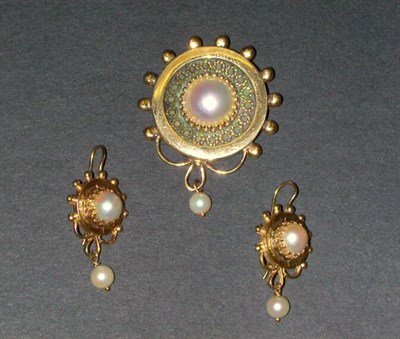 Lot 140 - Gold and Cultured Pearl Pin and Pair of...