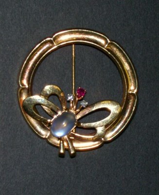 Lot 266 - Moonstone and Ruby Circle Pin 14 kt. yellow...