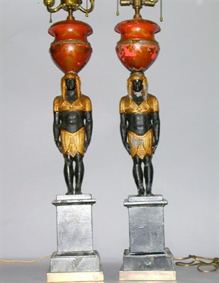Lot 576 - Pair of Empire Style Painted Tole Lamps Each...