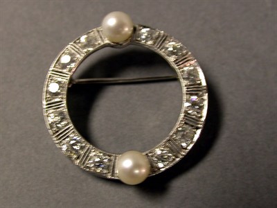 Lot 344 - Diamond and Cultured Pearl Circle Pin Platinum,...