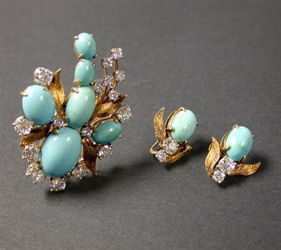 Lot 401 - Turquoise and Diamond Pin and Pair of Earclips...