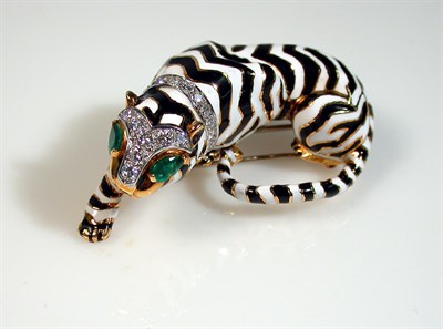 Lot 189 - Enamel, Diamond and Emerald Panther Brooch 18...