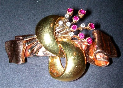 Lot 78 - Retro Ruby and Diamond Brooch 14 kt. yellow...
