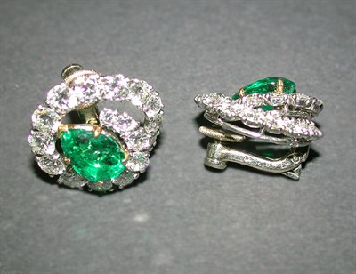 Lot 443 - Pair of Platinum, Emerald and Diamond Earrings...