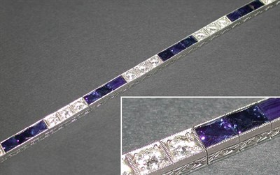 Lot 441 - Diamond and Sapphire Line Bracelet Platinum,...