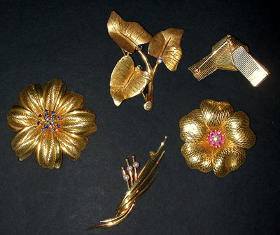 Lot 393 - Group of Five Assorted Gold Pins Comprising...