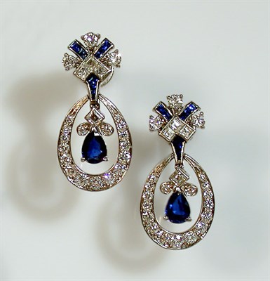 Lot 413 - Pair of Sapphire and Diamond Pendant Earclips...