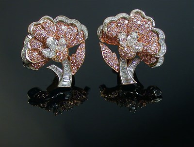 Lot 461 - Pair of Pink and White Diamond Flower Earclips...
