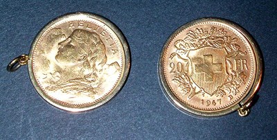 Lot 104 - Two Swiss Gold Coin Pendants Yellow gold, each...