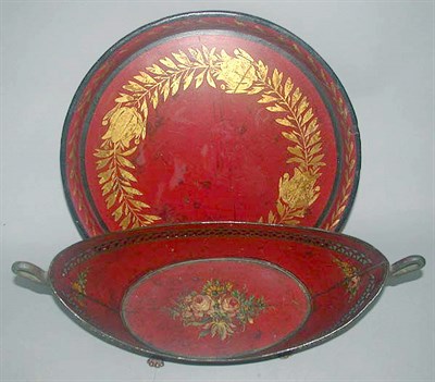 Lot 446 - French Gilt Decorated Red Tole Basket and Tray...