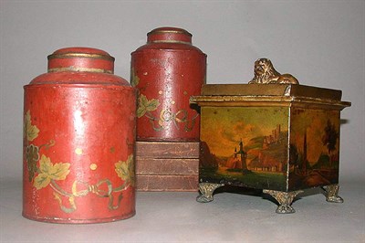 Lot 439 - Continental Painted Tole Covered Box 19th...
