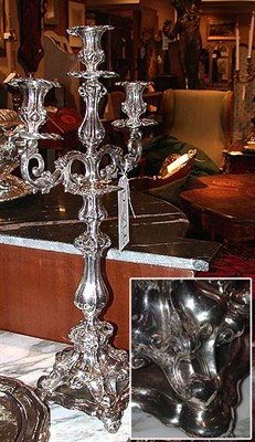 Lot 497 - Pair of Rococo Style Silver Plated Three-Light...