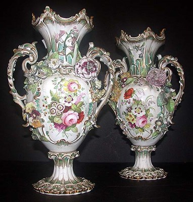 Lot 639 - Pair of English Porcelain Floral Encrusted Two-...