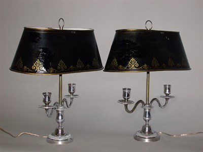 Lot 447 - Pair of Silver Plated Two-Light Bouillotte Lamps